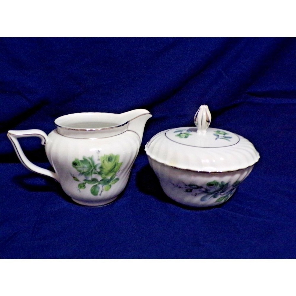 Konigl pr tettau Porcelain Dinnerware Creamer & Sugar Blue/Green Roses Silver Tr